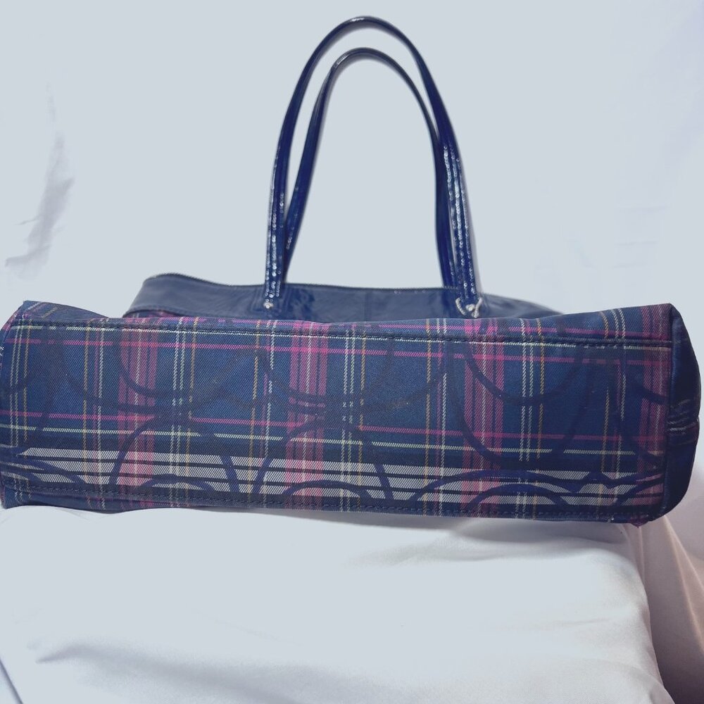 Coach Tote-Plaid-Navy Blue/Pink Mix-G1273-F20109-Large Purse-1 Zip Closure-Light - Picture 10 of 16